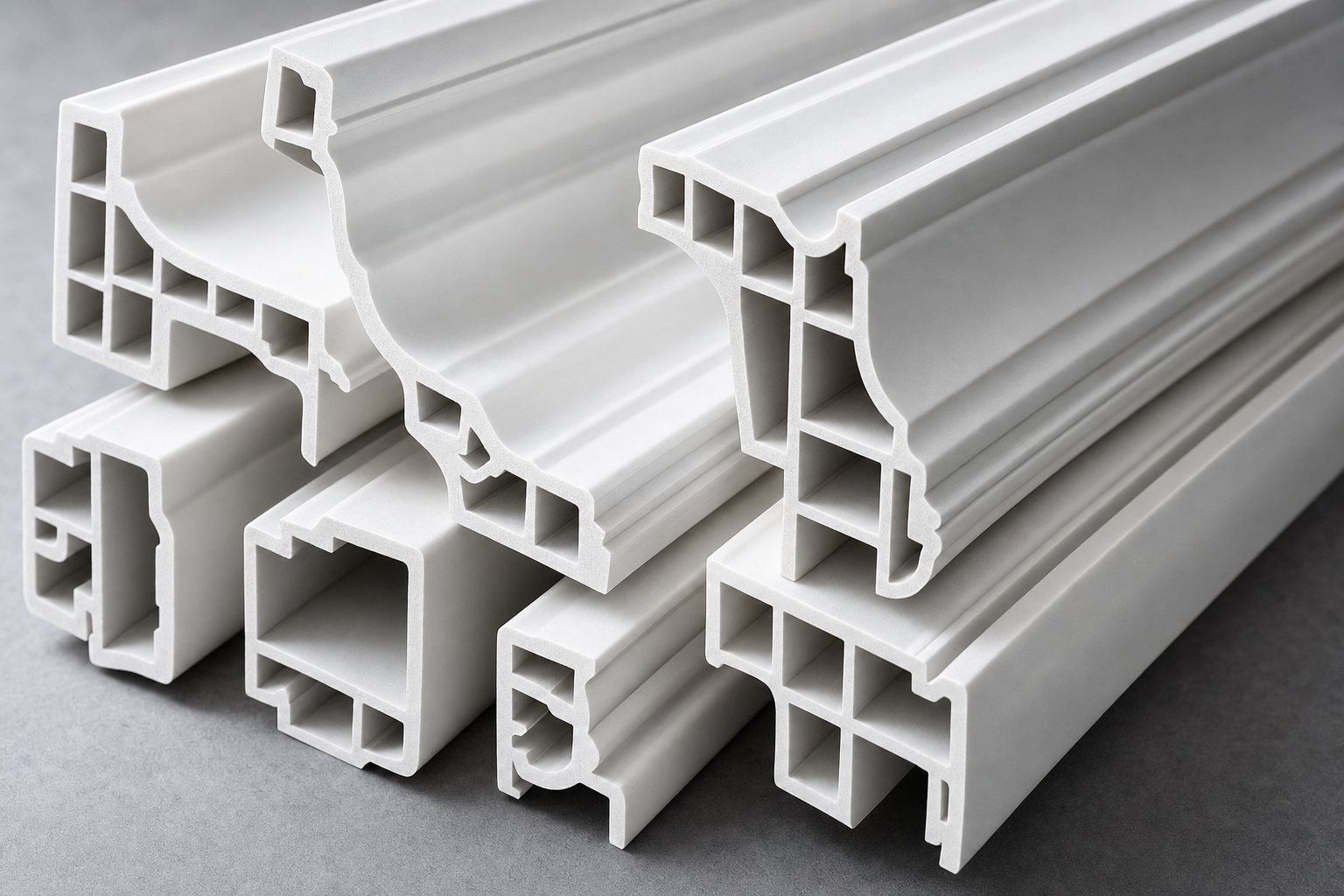 Stacked white cellular PVC architectural moulding and cap-and-panel profiles showing their milled cross-sections.