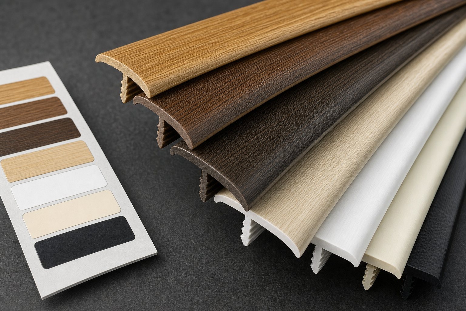 Fanned set of extruded PVC T-molding edge-banding samples in embossed woodgrain, white, almond, and black beside a reference color chip.