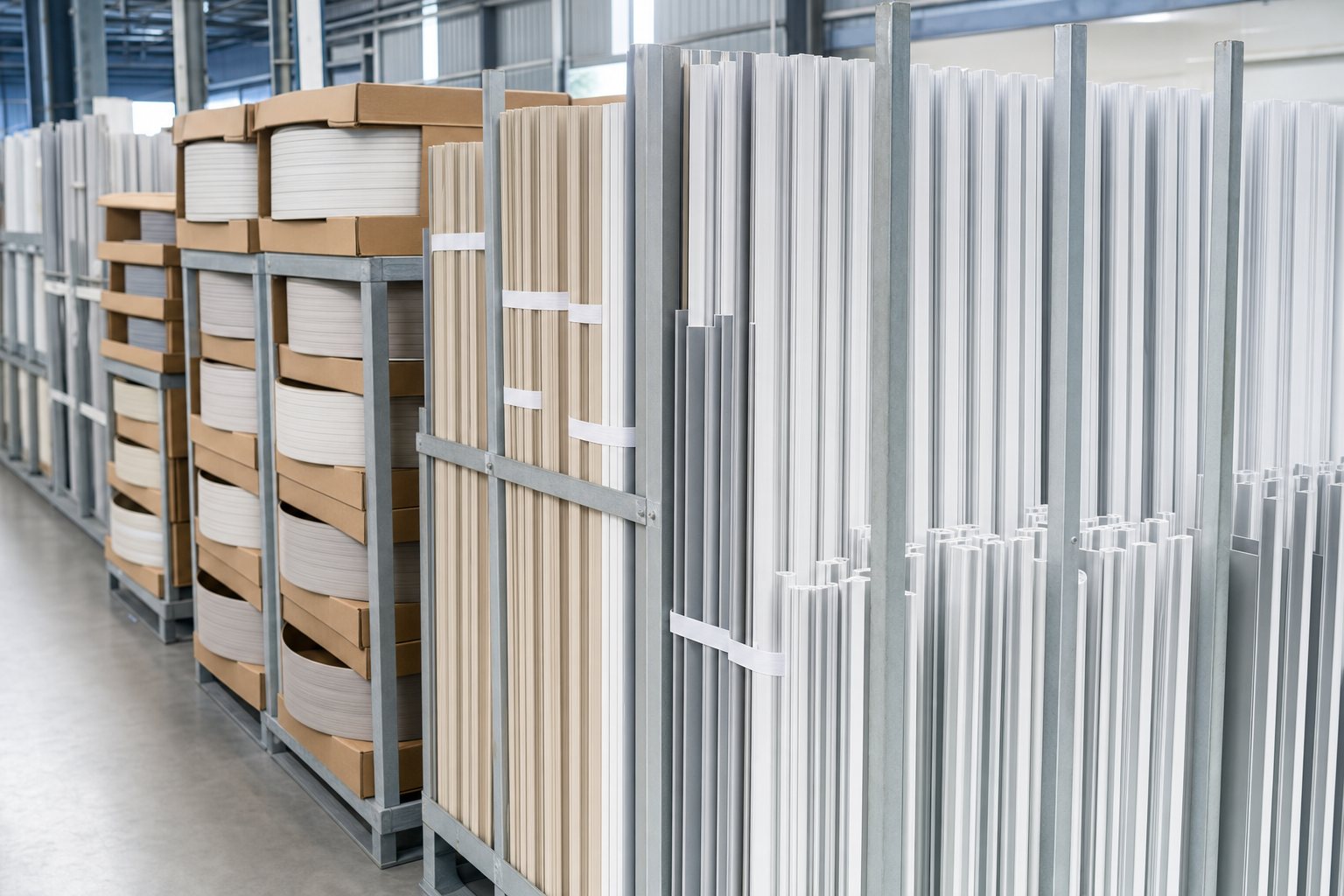 Banded bundles of extruded PVC channel and track profiles staged in shipping racks beside cartons of coiled edge banding, ready for distribution.